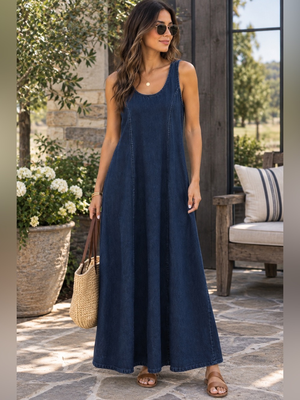 French Dressing Jeanwear Paris Sleeveless Dark Blue Denim Maxi Dress size 12